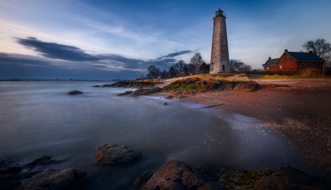 Approaching Blue Hour at Lighthouse Point Park in New Haven, Connecticut, USA.