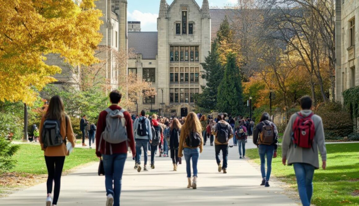 Bustling university campus scene, diverse students walking between buildings, lush green spaces, architectural mix of classic and modern structures