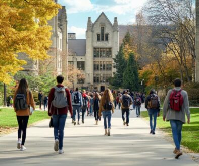 Bustling university campus scene, diverse students walking between buildings, lush green spaces, architectural mix of classic and modern structures