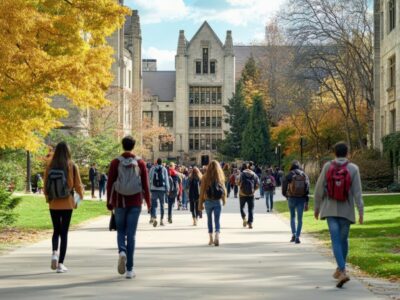 Bustling university campus scene, diverse students walking between buildings, lush green spaces, architectural mix of classic and modern structures