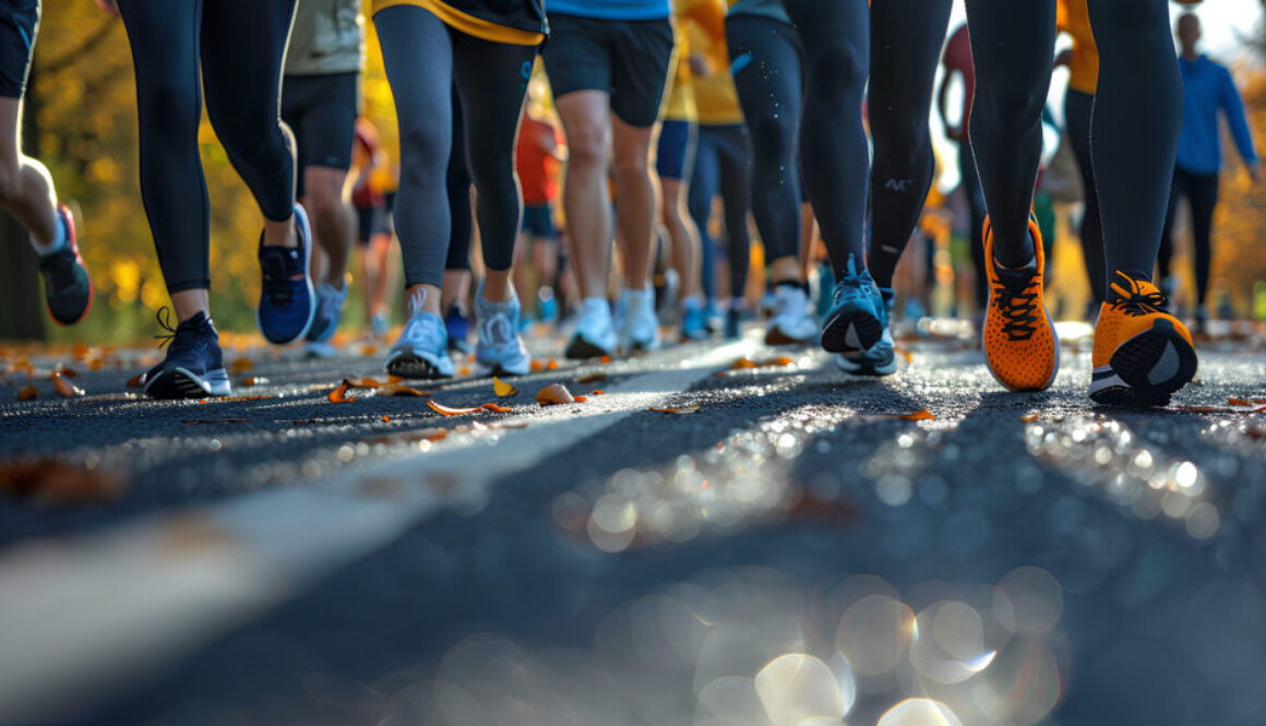 A group of people, athletes and members of the public, who voluntarily participated in the charity march. Group of people walking in sports, walking and jogging clothes.