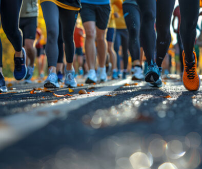 A group of people, athletes and members of the public, who voluntarily participated in the charity march. Group of people walking in sports, walking and jogging clothes.