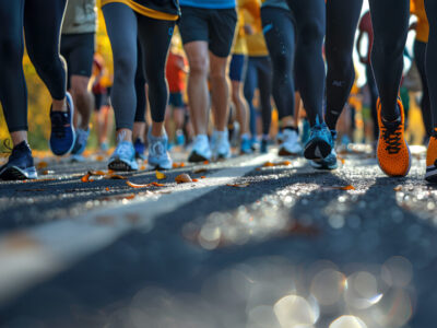 A group of people, athletes and members of the public, who voluntarily participated in the charity march. Group of people walking in sports, walking and jogging clothes.